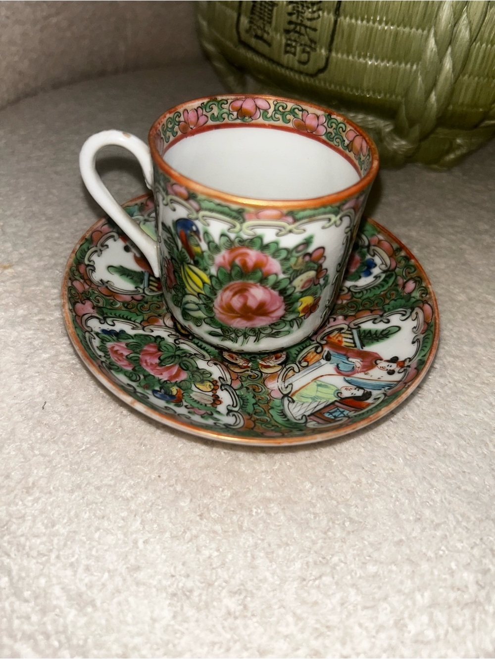 Hand-PaintedFamille Rose Floral Porcelain Cup and Saucer in Pink and Green